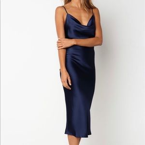 Midi Dark Blue Dress with satin sheer finish